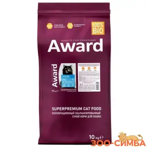 Сухой корм AWARD Sterilized для взрослых стерилизованных кошек с белой рыбой с добавлением семян льна, клюквы и цикория.