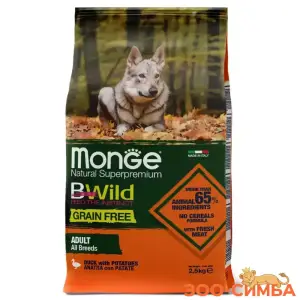 Сухой корм Monge Dog BWild GRAIN FREE для взрослых собак, беззерновой, утка с картофелем