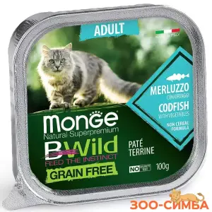 Влажный корм Monge Cat BWild GRAIN FREE для кошек, беззерновой, из трески с овощами, ламистер 16 шт