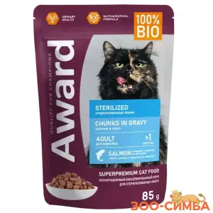 Влажный корм AWARD Sterilized для взрослых стерилизованных кошек кусочки в соусе с лососем  24 шт