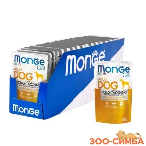 Влажный корм Monge Dog Grill для собак с курицей и индейкой, паучи 24шт