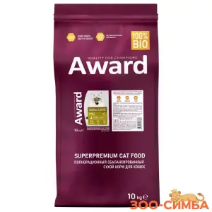 Сухой корм AWARD Hairball & Indoor для взрослых кошек для выведения шерсти с уткой и индейкой с добавлением зеленой чечевицы и Юкки Шидигера.10кг