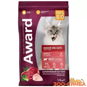 Сухой корм AWARD Indor Big cats для взрослых домашних кошек крупных пород с говядиной и курицей с добавлением брокколи и юкки Шидигера.